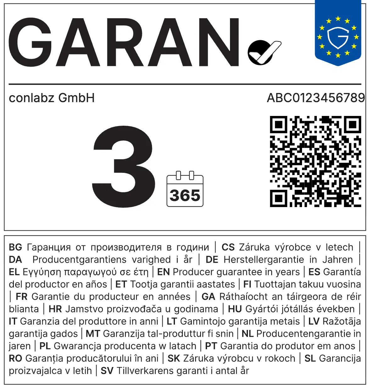 GARAN-Label mit fiktiven Beispielangaben. <br>Quelle: Europäische Union.