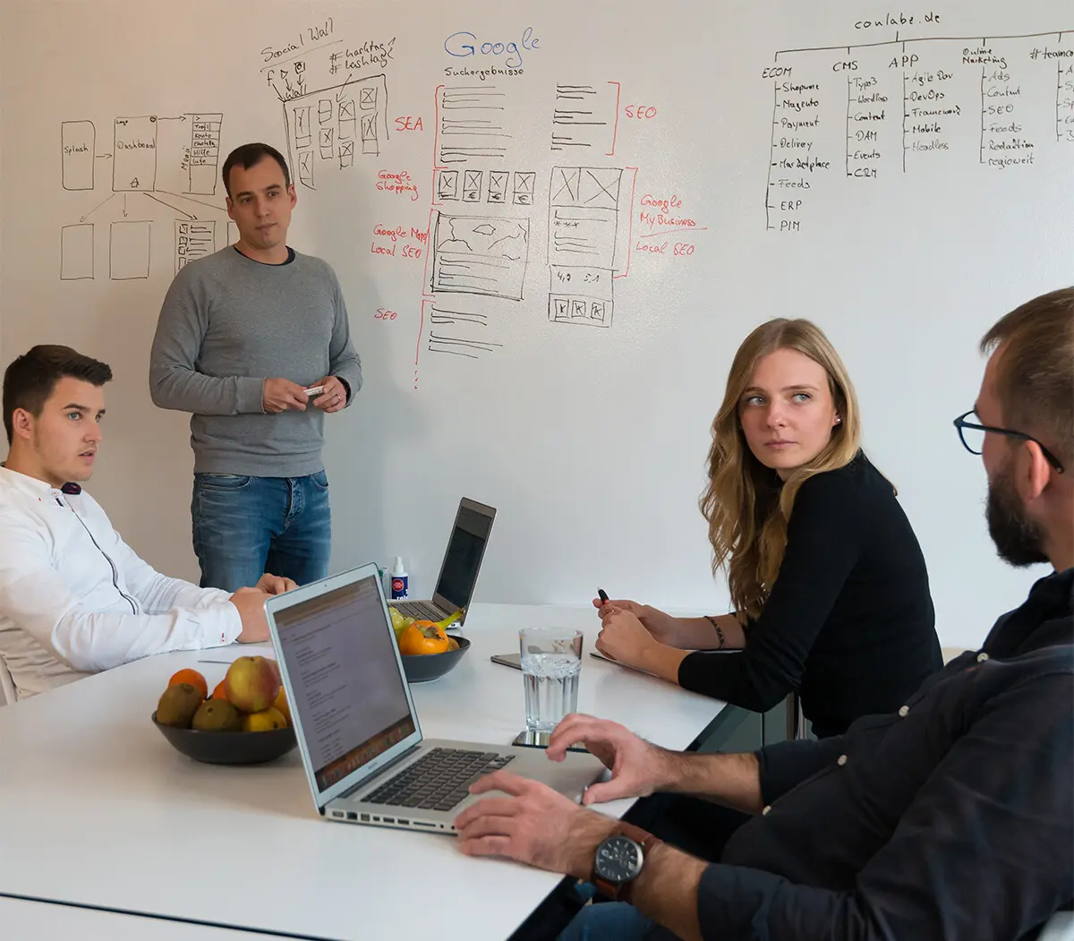 Mehrere Personen sitzen gemeinsam an einem Tisch und besprechen Unterlagen in einem Büro