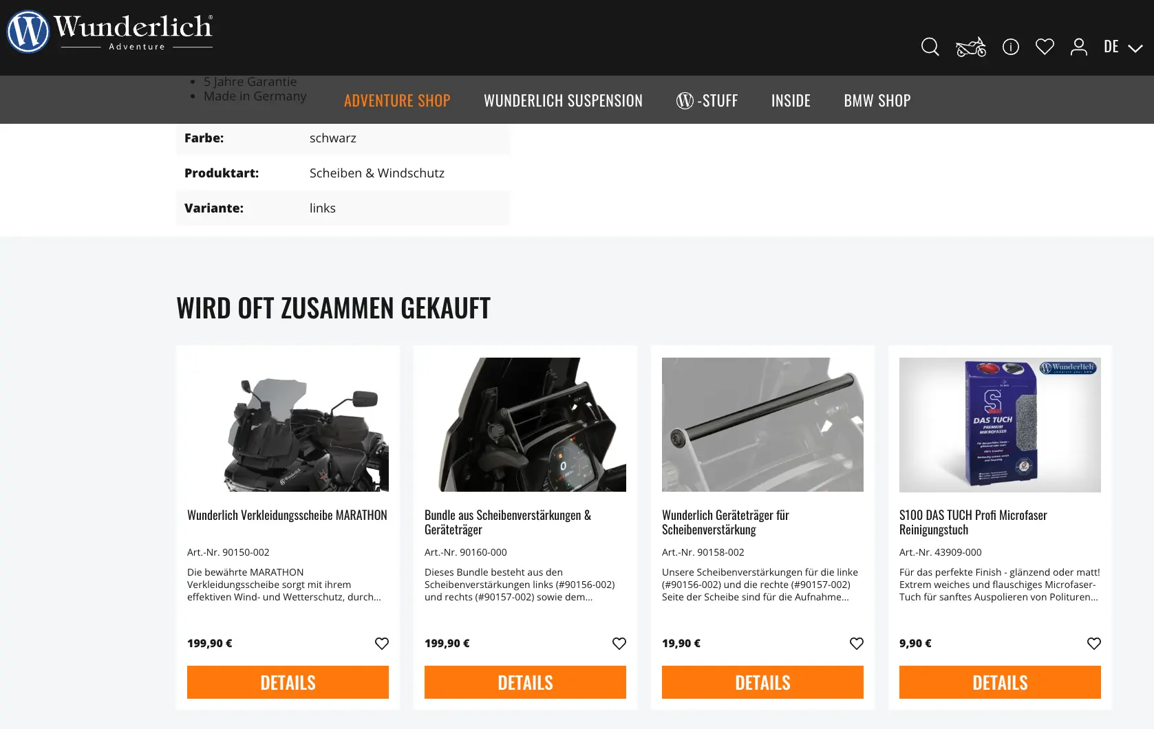 Webseite mit Produktvorschlägen unter der Überschrift 'Wird oft zusammen gekauft' mit vier Produktbildern und orangefarbenen Detail-Buttons