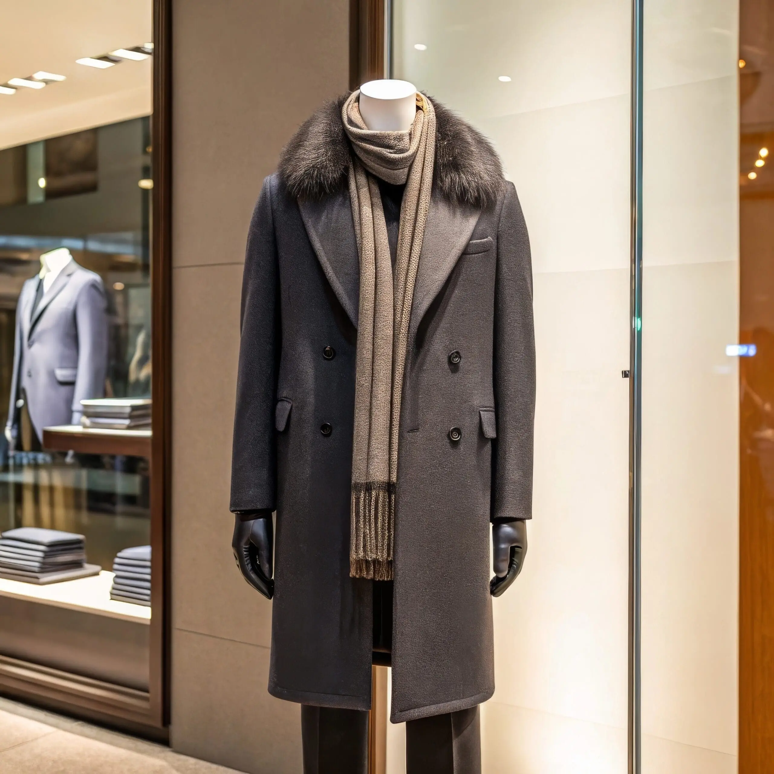 Schaufensterpuppe mit langem Mantel mit Pelzkragen und Schal in einem Bekleidungsgeschäft