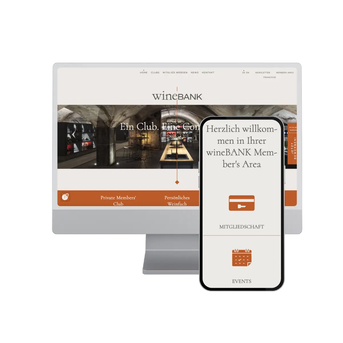 Website-Mockup der wineBANK Mitgliederplattform auf Desktop und Smartphone
